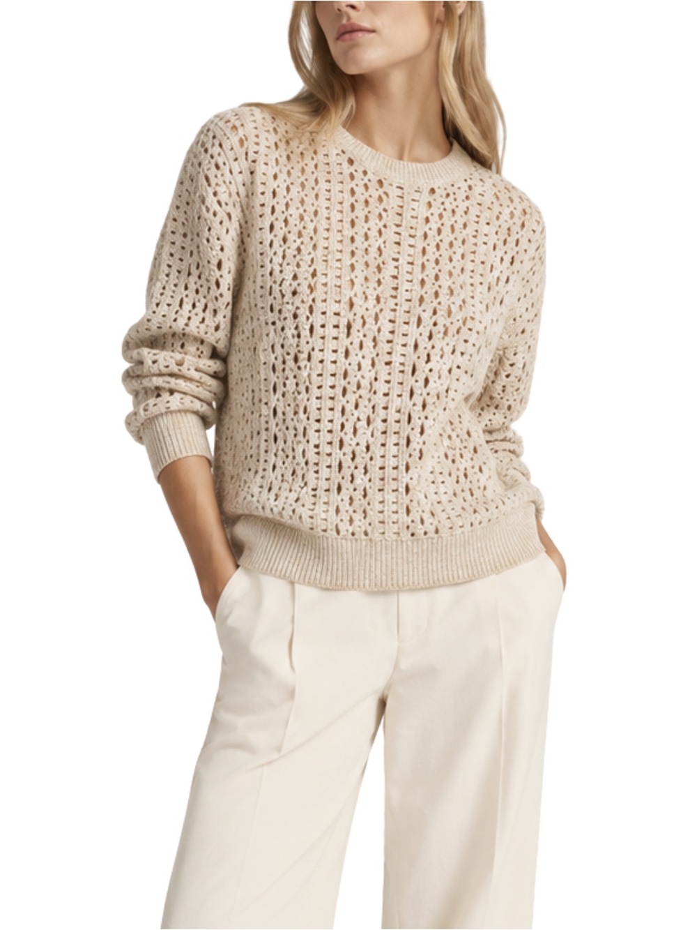 Theory Beige Open-Knit Openwork Crewneck Sweater Size Small